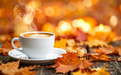 紅葉に囲まれた秋のテーブルで楽しむ温かいカフェラテと癒しの時間