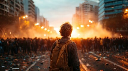 A lone figure stands amidst a chaotic protest scene, symbolizing resilience and determination as they face a backdrop of smoke and fervent activism in the city.