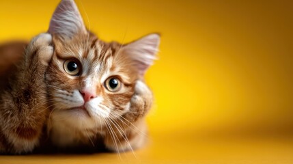Obraz premium An adorable ginger cat rests on a vibrant yellow background, showcasing its curious expression, evoking emotions of playfulness, companionship, and warmth in a whimsical setting.