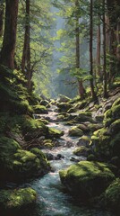Narrow Mountain Creek with Mossy Rocks Vertical Illustration