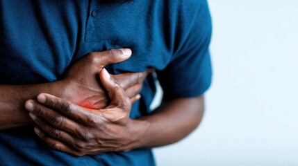 An individual clutches their chest, visibly affected by pain or discomfort, highlighting issues related to health and the importance of well-being in daily life.