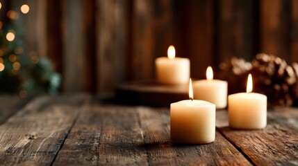 This image showcases four lit candles against a rustic wooden background, creating a cozy and warm atmosphere perfect for relaxation or holiday settings.