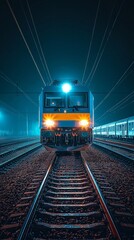 Obraz premium Illuminated Blue Cargo Train at Night