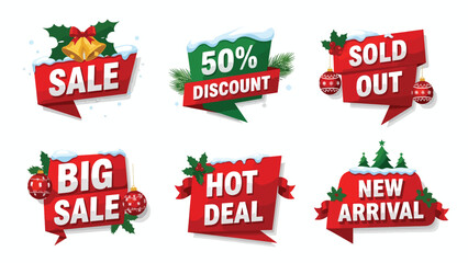 Festive Christmas sale banners and tags featuring "Sale," "50% Discount," "Sold Out," "Big Sale," "Hot Deal," and "New Arrival" with holiday decorations.