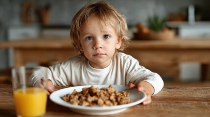 A young child sits at a wooden table holding a plate of cereal, looking thoughtfully at the camera with an expression of curiosity and innocence captured in the morning light.