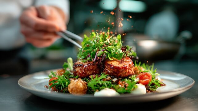 A skilled chef decorates a vibrant salad with fresh ingredients, capturing the essence of culinary art with flair and attention to detail in a professional kitchen setting.