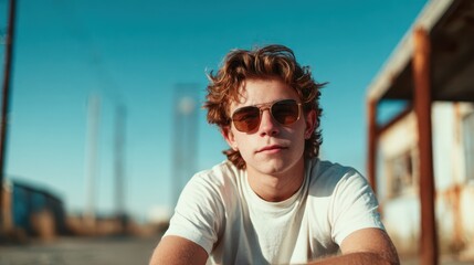 A stylish young man with flowing hair wearing sunglasses looks confidently at the camera, showcasing a relaxed outdoor vibe and an aura of youthful energy and self-assurance.