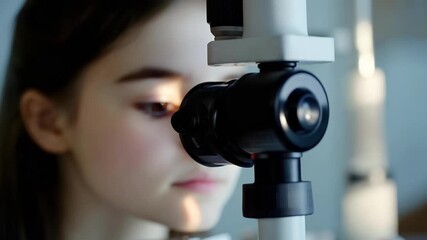 A young person peering into a microscope in a laboratory.