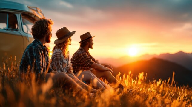 A group of three friends relaxes together, enjoying a beautiful sunset view on a grassy hillside, embodying connection and shared experiences in nature's embrace.