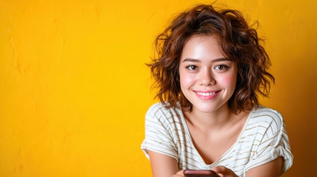 A cheerful young woman smiling broadly while holding her phone, radiating positivity and engagement, set against a bright yellow backdrop that adds vibrancy to the image.