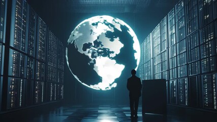 Global data processing highlighting interconnected networks and technology advancements, globe over data processing - Powered by Adobe