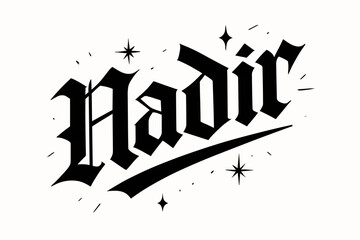 Nadir gothic bold lettering grounded angular strokes surrounded by subtle sparks diagonal decorative composition clean white background vector look high contrast.