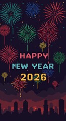 Pixel art style graphic depicting colorful fireworks exploding over a cityscape, celebrating the New Year of 2026, in a dark night sky.