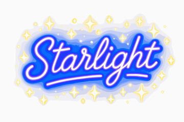 Starlight neon lettering glowing bold script surrounded by sparkles horizontal balanced layout clean white background vector look high contrast.