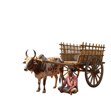 Farmer with ox cart isolated on transparent background