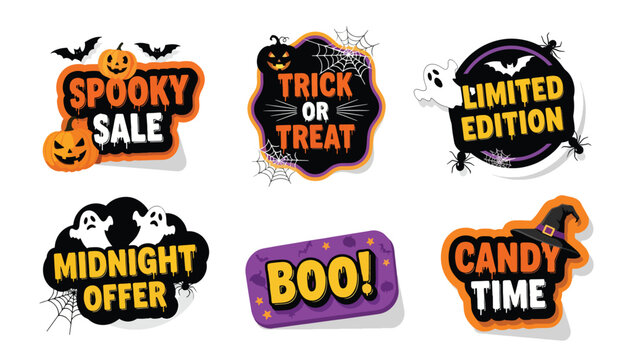 A collection of six festive Halloween-themed sale and offer badges featuring pumpkins, ghosts, bats, spiders, and spooky text for seasonal promotions.