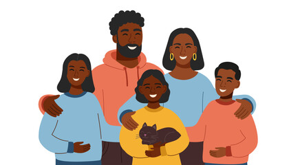 Illustration of black skin family isolated on white background. Father, mother, three children and pets. Family concept. Vector flat clipart.