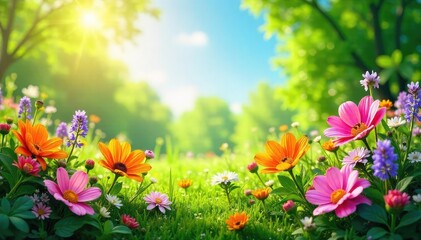 Fototapeta premium Vibrant summer scene bursting with colorful flowers, lush greenery, and bright sunlight Perfect for summer themes, travel, nature, and vibrant backgrounds , joyful, foliage