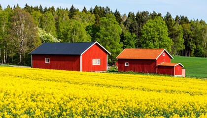 Red farmhouses in a yellow field