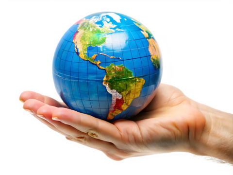 globe in hand isolated on white background ,PNG. AI Generated.