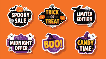 A collection of six colorful Halloween-themed sale and offer stickers featuring spooky graphics, pumpkins, ghosts, bats, and festive text like "Spooky Sale,"...
