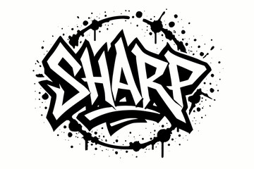 Sharp graffiti lettering jagged heavy tone surrounded by splatters circular frame composition clean white background vector look high contrast.