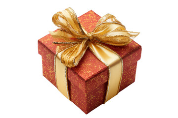 Obraz premium A Christmas gift box wrapped with golden ribbon, isolated on a transparent background.