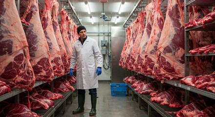 Butcher carefully examines fresh slaughtered beef halves in cold storage facility