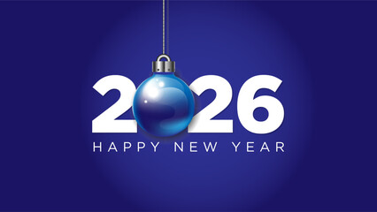 Elegant Happy New Year 2026 design featuring bold white numbers with a hanging blue ornament on dark background