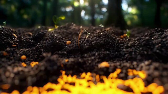 Bright yellow slime mold spreading across dark forest soil, forming a glowing, web-like network.
