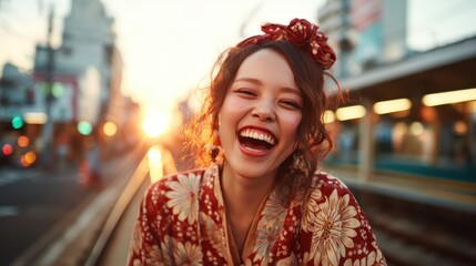 Fototapeta premium A cheerful woman wearing a colorful kimono laughs joyfully on a bustling city street, capturing the essence of happiness and cultural expression in urban life.
