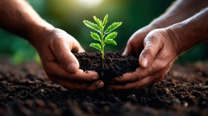 Two hands gently cradle dark soil with a vibrant green sapling emerging, symbolizing growth, nurturing, and the relationship between humans and nature in ecology.