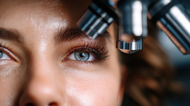 An intense close-up reveals a woman's striking blue eyes beneath a microscope, capturing the essence of scientific exploration, curiosity, and beauty in human anatomy.