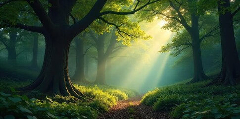 Fototapeta premium Ethereal Sunlight Dapples Through Ancient Forest Canopy, Creating a Mysterious Atmosphere of Deep Shadows and Lush Undergrowth.