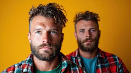Fototapeta premium This striking portrait features two bearded men against a vibrant yellow background, showcasing their styles and personalities with confidence and charisma.
