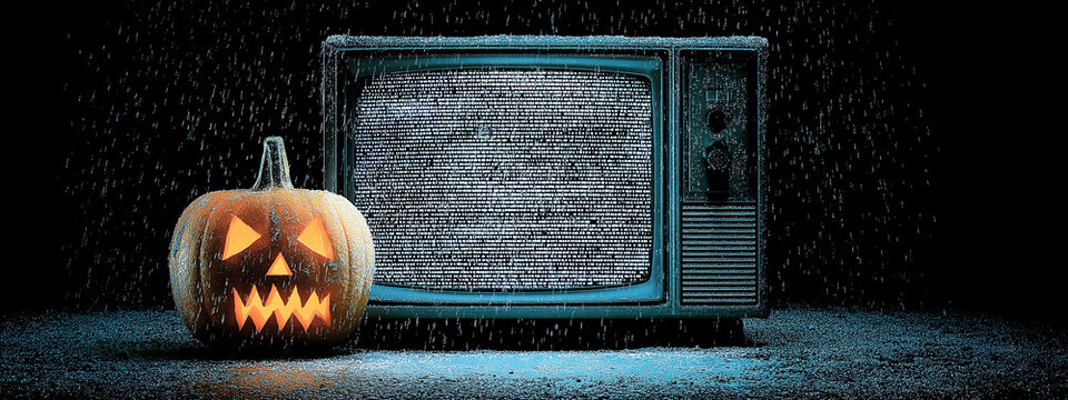 Spooky jack-o-lantern with glowing TV static inside, in black void