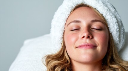 Obraz premium A woman with a peaceful expression enjoys a spa treatment, highlighting relaxation and self-care. The soft lighting and attire contribute to a soothing ambiance.