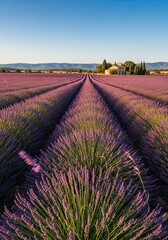 Fototapeta premium Photo of lavender field in provence, france at sunset with a clear blue sky and a traditional farmhouse in the distance, creating a serene landscape