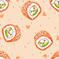 Vector cute seamless pattern with sushi rolls. Japanese illustration.