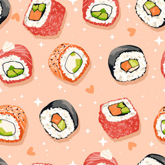 Vector seamless bright pattern with sushi rolls. Japanese illustration.