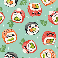 Vector seamless bright pattern with sushi rolls. Cute sushi. Japanese asian traditional food. 