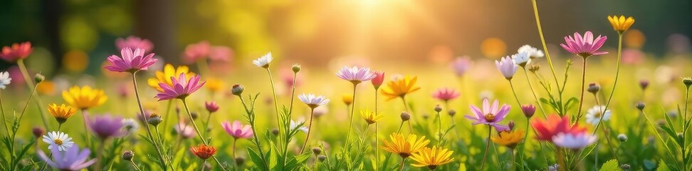 Fototapeta premium Vibrant wildflowers in full bloom, bathed in the warm sunlight of springtime A lush meadow scene bursting with color and new life, perfect for spring themes , life, daisy