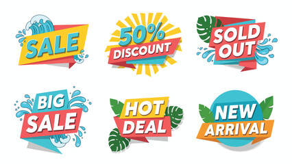A collection of six vibrant, stylized sale and discount badges, including "Sale," "50% Discount," "Sold Out," "Big Sale," "Hot Deal," and "New Arrival," feat...