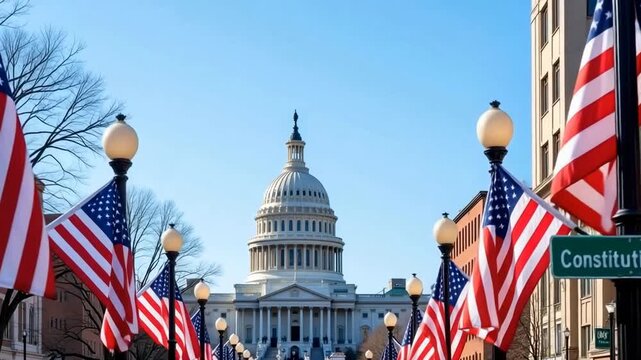 The image shows an urban scene with a view of the Capitol Building in Washington, with streets with United States flags attached to streetlights on both sides of the road visible in the foreground.
- 