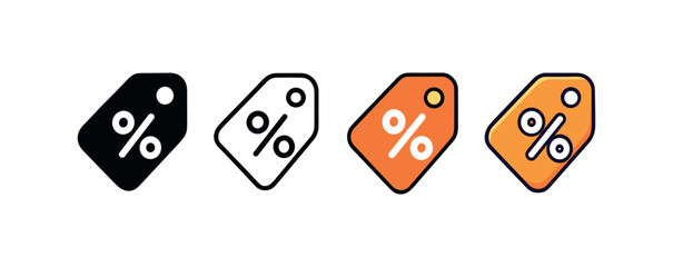 Vector icon shopping discount tag same pose same proportions four styles black solid glyph outline minimal flat multicolor filled cartoon flat shaded.