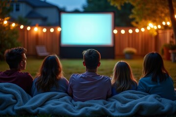 Group of friends enjoying movie night under the stars with cozy blanket fort and twinkling fairy lights.