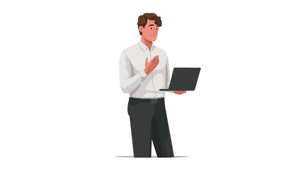 The image shows a stylized vector illustration of a man, possibly a businessman, holding a laptop computer. He appears to be making a presentation or explaining something, indicated by his hand