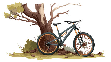 Digital illustration of a dark grey and orange mountain bike leaning against a brown, leafless tree. The tree has some small green and yellow leaves and is situated in a small clearing.