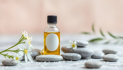 Essential Oil Bottle with Flowers and Stones for Spa Flyers, Website Banners, and Social Media