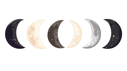 Digital illustration depicting the phases of the moon.  The image shows five stylized crescent, half, and gibbous moon phases in a horizontal row against a white background. 